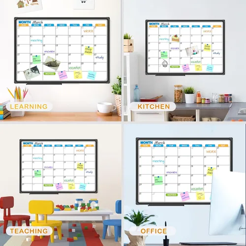 Vista 3 de JILoffice Calendario de Pizarra Blanca de Borrado en Seco - Calendario de Pizarra Blanca Magnética Mensual 24 X 18 Pulgadas, Marco de Aluminio Negro