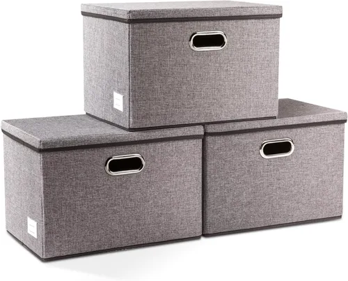 Vista 48 de PRANDOM Contenedores de almacenamiento con tapas [paquete de 3] cajas de almacenamiento plegables de tela de lino, canastas organizadoras, cubos