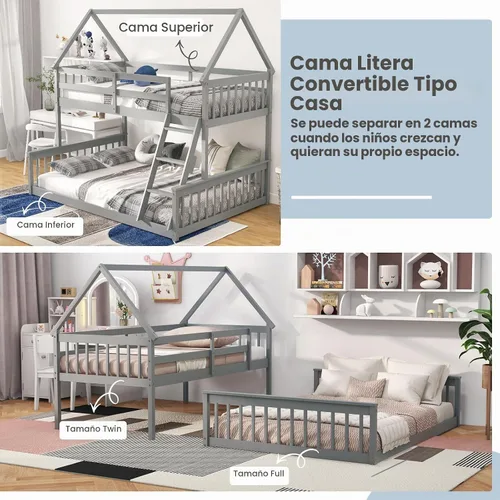 Vista 5 de KOMFOTT - Litera doble de madera con cama individual sobre cama tamaño full con escalera incorporada, marco de litera de madera de pino macizo