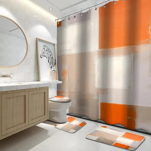 Vista 10 de Lnond 4 Piezas Juegos de Cortinas de Ducha de Baño Moradas con Alfombras, Arte de Pintura Púrpura y Gris Juegos de Baño con Cortina de Ducha