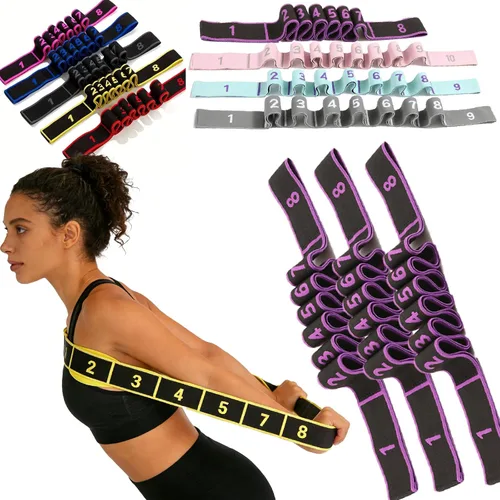 Vista 17 de Banda de resistencia de fitness para estiramiento y yoga, banda de resistencia de yoga ajustable de 8 segmentos con asas para brazos, ejercicio