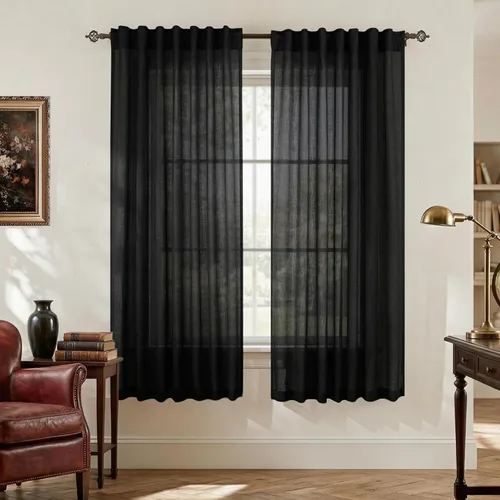 Vista 72 de Mrs.Naturall Cortinas negras de 45 pulgadas de largo, cortinas cortas de lino transparente para privacidad para cocina, dormitorio, ventanas