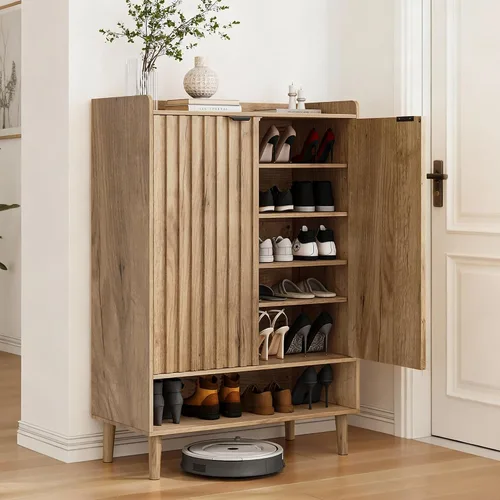 Vista 12 de Smuxee Armario de zapatos con 2 cajones abatibles, gabinete de almacenamiento de zapatos oculto natural de 23.6 pulgadas con diseño estriado