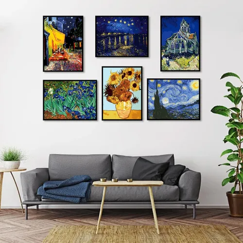 Vista 3 de VeGuude Pintura por números para adultos y niños principiantes, paquete de 6 kits de pintura por números de «La noche estrellada» de Van Gogh