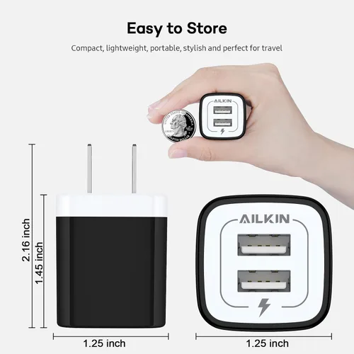 Vista 5 de Cargador de pared USB, bloque de carga, AILKIN 2.1A Multiport Fast Charge Power Brick Cube para iPad, iPhone, Samsung Galaxy, Google Pixel