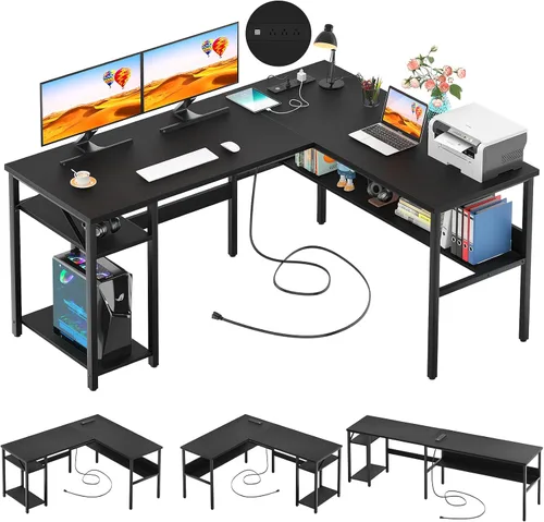 Vista 12 de Unikito Escritorio reversible en forma de L con tomas de corriente mágicas y puertos de carga USB, escritorio de esquina para computadora resistente