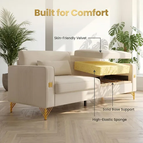 Vista 6 de Sofá de terciopelo de 85.63 pulgadas, moderno sofá biplaza con almohadas, juego de 2 para sala de estar, dormitorio, muebles de apartamento con Beige