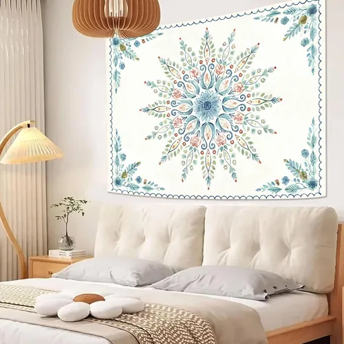 Vista 2 de Accnicc Tapiz bohemio con mandala floral para dormitorio, tapiz de pared con flores bohemias, pequeño, acuarela, azul, blanco, hippie, indio