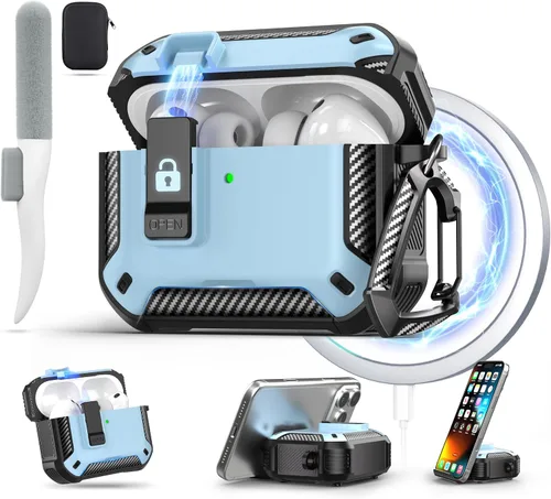 Vista 12 de Maxjoy Funda para AirPods Pro 3 2025, MagSafe compatible con bloqueo automático, funda protectora a prueba de golpes con soporte para teléfono