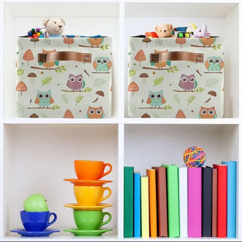 Vista 7 de Cesta de almacenamiento de búhos, cesta organizadora de almacenamiento, caja de almacenamiento rectangular plegable con asas para oficina en casa