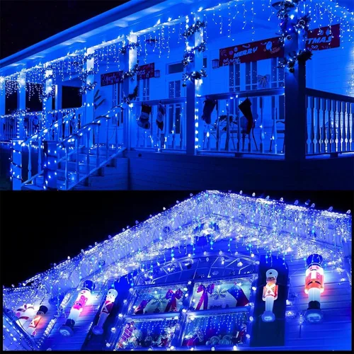 Vista 2 de Luces solares de Navidad de 320 LED, luces de cortina impermeables para decoraciones navideñas al aire libre, 29.5 pies, 60 gotas, 8 modos, luces