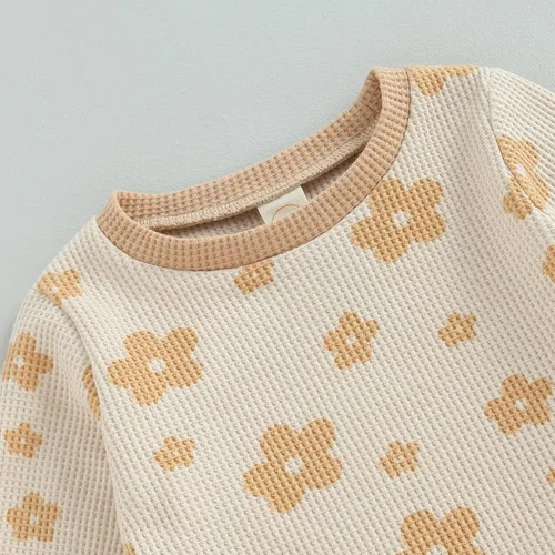 Vista 5 de Conjunto de sudadera de manga larga con estampado floral y pantalones casuales elásticos para niñas pequeñas