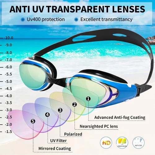 Vista 2 de Body+ Gafas de natación para miopes, gafas de natación con lentes ópticas con espejo/sin espejo para miopía, antivaho para hombres y mujeres adultos