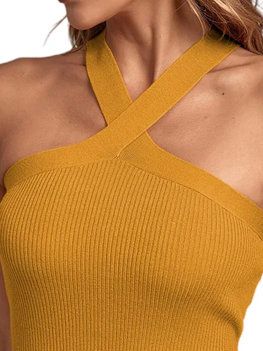 Vista 4 de Umenlele Camiseta corta sin mangas con cuello halter cruzado para mujer