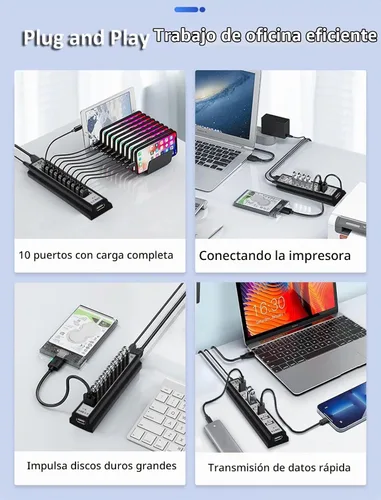 Vista 6 de Hub USB de 10 puertos, extensor de concentrador USB adaptador divisor de red con alimentación, para MacBook, PC, laptop, ratones, teclados