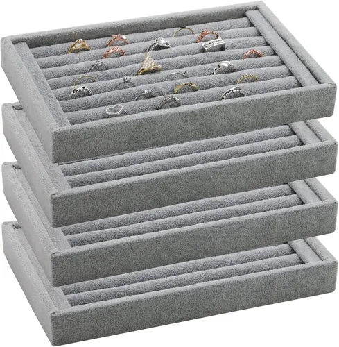 Vista 4 de Foraineam Paquete de 4 bandejas de terciopelo con 7 ranuras para aretes, vitrina, soporte para cajones, organizador de almacenamiento de joyas