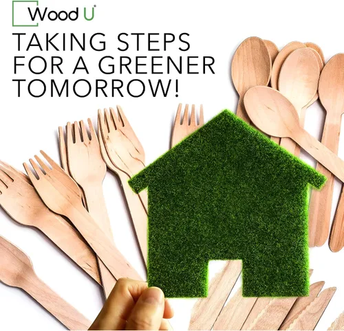 Vista 5 de WoodU - Cubertería de madera desechable 100% natural, ecológica, biodegradable y compostable, paquete de 100 cubiertos de madera de 6.5 pulgadas