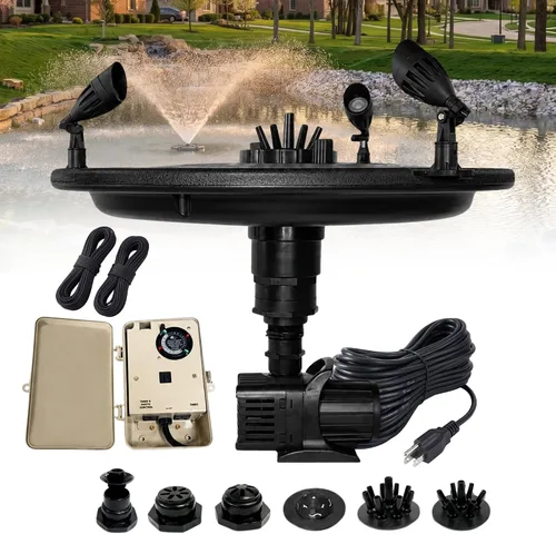 Vista 13 de Fuente flotante y aireador de 1/2 HP para estanques y lagos con cable de 100 pies 6,100 GPH, 9 spray patterns, Color-changing LED lights