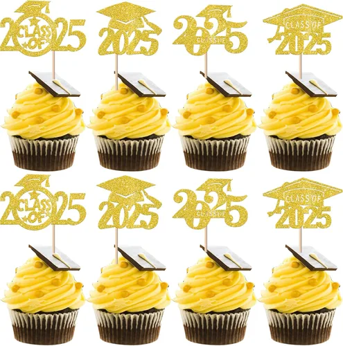 Vista 28 de Paquete de 24 adornos para cupcakes de graduación 2025 con purpurina I Am Done Diploma Felicidades Graduado Cap Cupcake Picks Class Of 2025