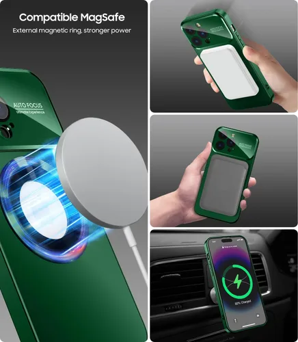 Vista 3 de MAKAVO Funda magnética para iPhone 13 Pro, compatible con MagSafe, protector de lente de cámara integrado, vista de logotipo, funda de grado militar
