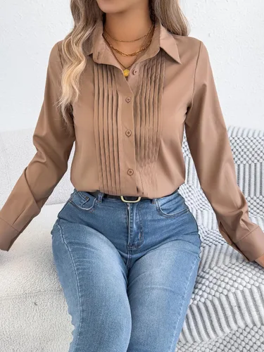 Vista 4 de Blusa de manga larga plisada con cuello y botones para mujer, elegante blusa de oficina
