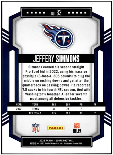 Vista 2 de JEFFERY SIMMONS 2023 Score #33 NM+-MT+ NFL Football Titans