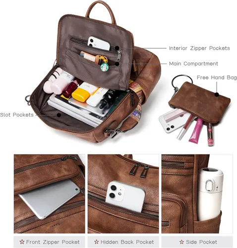Vista 4 de Mochila de cuero Shrrie para mujer, bolso de diseñador de moda para mujer, mochila de viaje convertible, bolso de hombro con muñequera, Mochilas