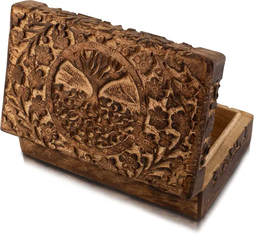 Vista 3 de Gran regalo de cumpleaños, caja de joyería decorativa de madera hecha a mano, organizador de joyas tallado en árbol de la vida, caja de recuerdos