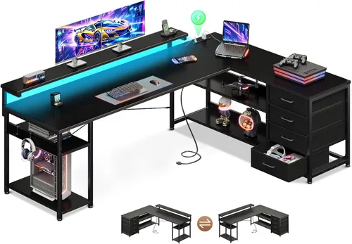 Vista 10 de AODK - Escritorio en forma de L de 61" con cajón, escritorio para computadora con tomas de corriente y luces LED, escritorio de esquina reversible