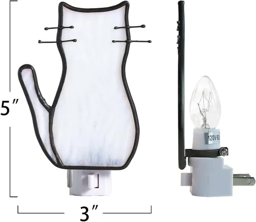 Vista 4 de BOXCASA Luz Nocturna de Gato Blanco, Lámpara de Vidrio Emplomado, Luz Nocturna Enchufable Amarilla Cálida para Sala de Estar, Dormitorio, Pasillo
