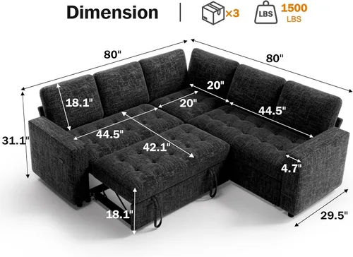 Vista 3 de Vipbear Sofá cama modular en forma de L de 5 asientos con cama extraíble/respaldo reclinable/puertos USB/asiento de almacenamiento, sofá cama Negro