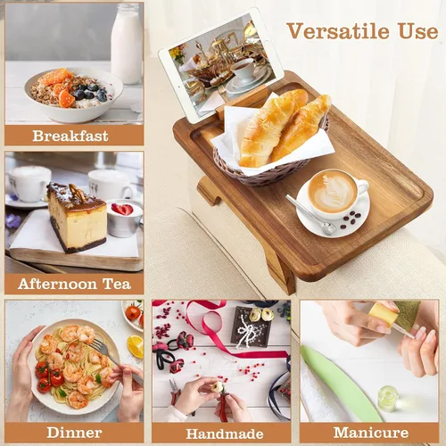 Vista 8 de Mesa de madera de acacia con reposabrazos, mesa de sofá para sala de estar, bandeja para reposabrazos de sofá con soporte giratorio para teléfono