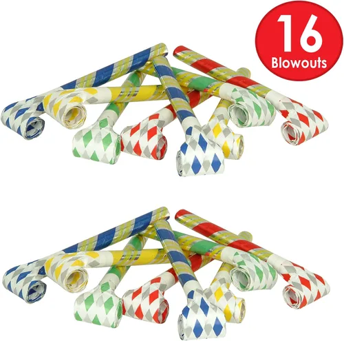 Vista 4 de Beistle Super-Tube - Paquete de 16 sopladores silenciosos para fiestas en varios colores azul, verde, rojo y amarillo, divertidos folletos
