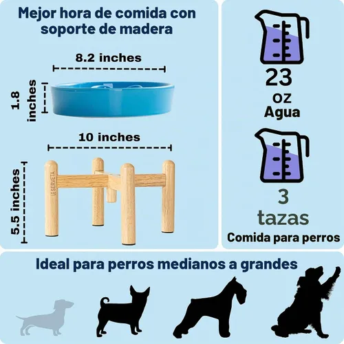 Vista 2 de Cuencos de cerámica para perros de alimentación lenta, elevados, 3 tazas, comedero lento elevado con soporte de madera para razas medianas y Azul