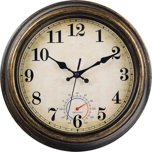 Vista 11 de Relojes para exteriores impermeables con termómetro, reloj de pared costero rústico para patio, piscina, jardín (12 pulgadas, azul)