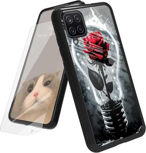 Vista 107 de Funda para Samsung Galaxy A12 5G con protector de pantalla, parte trasera de vidrio templado + TPU de silicona suave que absorbe los golpes