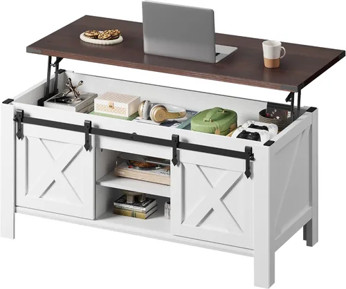 Vista 8 de WLIVE Mesa de Centro con Tapa Elevable, Mesa de Centro Estilo Granja de 39.4 pulgadas con Gran Compartimento de Almacenamiento Oculto, Puertas