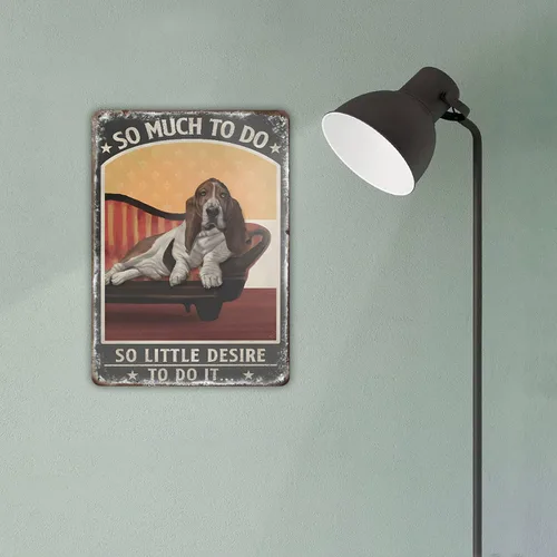 Vista 4 de Cartel de metal divertido Basset Hound Dog So Much to Do So Little Desire to Do It Cartel de hojalata para el hogar, cocina, bar, granja, rancho