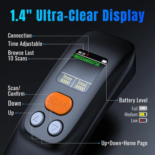 Vista 2 de Tera Escáner de Código de Barras Inalámbrico Portátil: Pantalla LCD Grande de 1.4" Batería de 1200mAh con Base de Carga Diseño Ergonómico 1D 2D QR