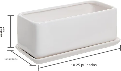 Vista 6 de Maceta moderna rectangular minimalista de cerámica de 10 pulgadas para plantas suculentas/Caja abierta con platillo, Moderno, Blanco