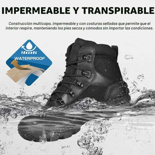 Vista 4 de FREE SOLDIER Botas de senderismo impermeables para hombre, botas de trabajo tácticas, botas militares ligeras al aire libre negro (Mid Black)