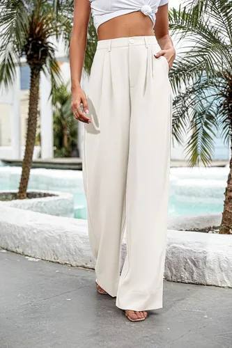 Vista 3 de Kocowoo Women Casual Wide Leg Pants Button Down Straight Long Trousers Pants Elastic High Waist Dress Pants for Women