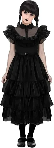Vista 5 de WPOYM Wednesday Addams - Disfraz de niña para niños, disfraz de la familia Addams, vestido de fiesta para Halloween