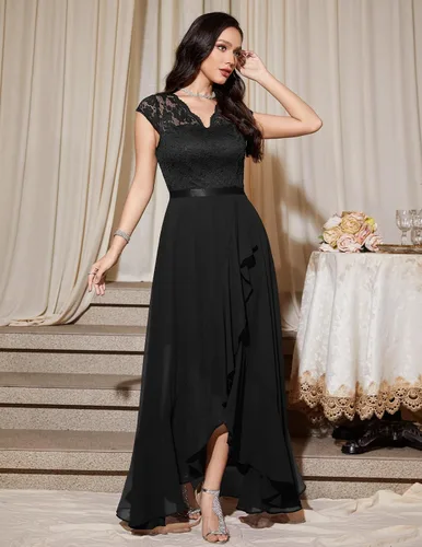 Vista 2 de Bbonlinedress Vestido de cuello en V para mujer con encaje floral alto-bajo, para invitadas de boda, graduación, cóctel, fiesta formal y dama
