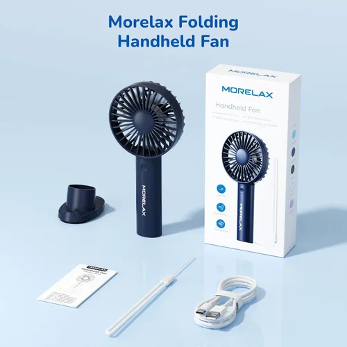 Vista 9 de Jancane Ventilador de mano, mini ventilador portátil recargable por USB con base, batería de 10 horas, viento fuerte, pequeño y potente, bonito Azul
