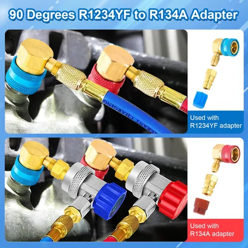 Vista 4 de Adaptador R1234YF a R134A, 90 grados R134a a R1234yf Adaptadores Laterales de alta y baja presión Kit de acopladores rápidos R1234yf, adaptadores
