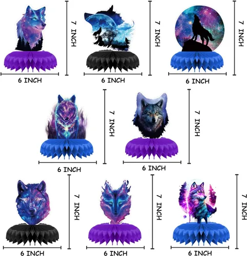 Vista 2 de 8 piezas de decoración de fiesta de cumpleaños de lobo galaxia, cielo estrellado con temática de panal de abeja, centros de mesa 3D de doble cara