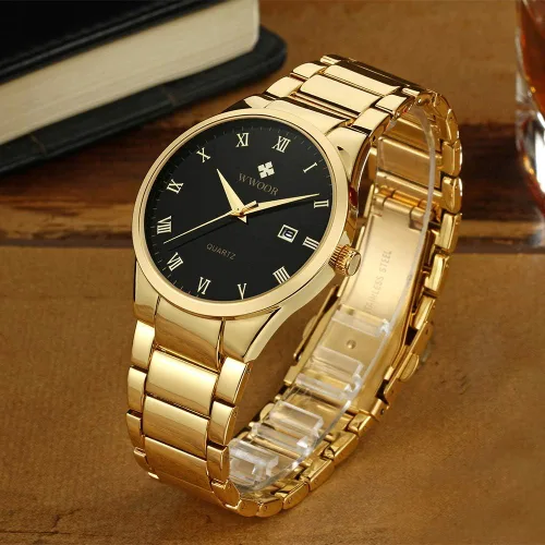 Vista 4 de WWOOR Mens Quartz Stainless Steel and Metal Black and Gold Watches for Men Waterproof Casual Wrist Watch with Date