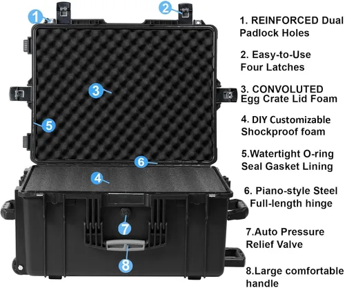 Vista 5 de Regetek Estuche rígido con ruedas con espuma, 26 x 20 x 13 pulgadas, funda para equipo con ruedas y 4 asas para cámara, dron, herramienta