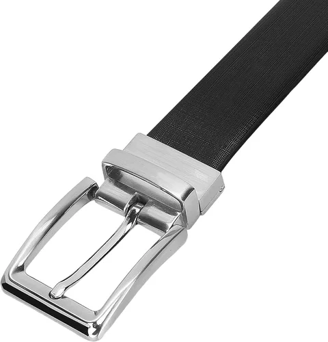 Vista 4 de Pitaara Cinturón reversible de piel auténtica para hombre, patrón cruzado (negromarrón)
